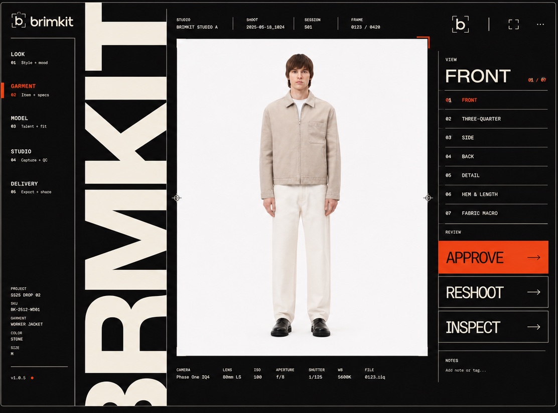The Brimkit studio console reviewing a front frame of a stone worker jacket on the cast model